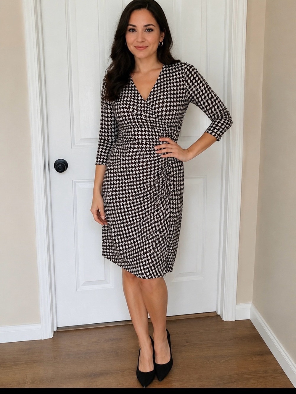 Lauren Ralph Lauren Black and White Houndstooth Faux-Wrap Maxi Dress